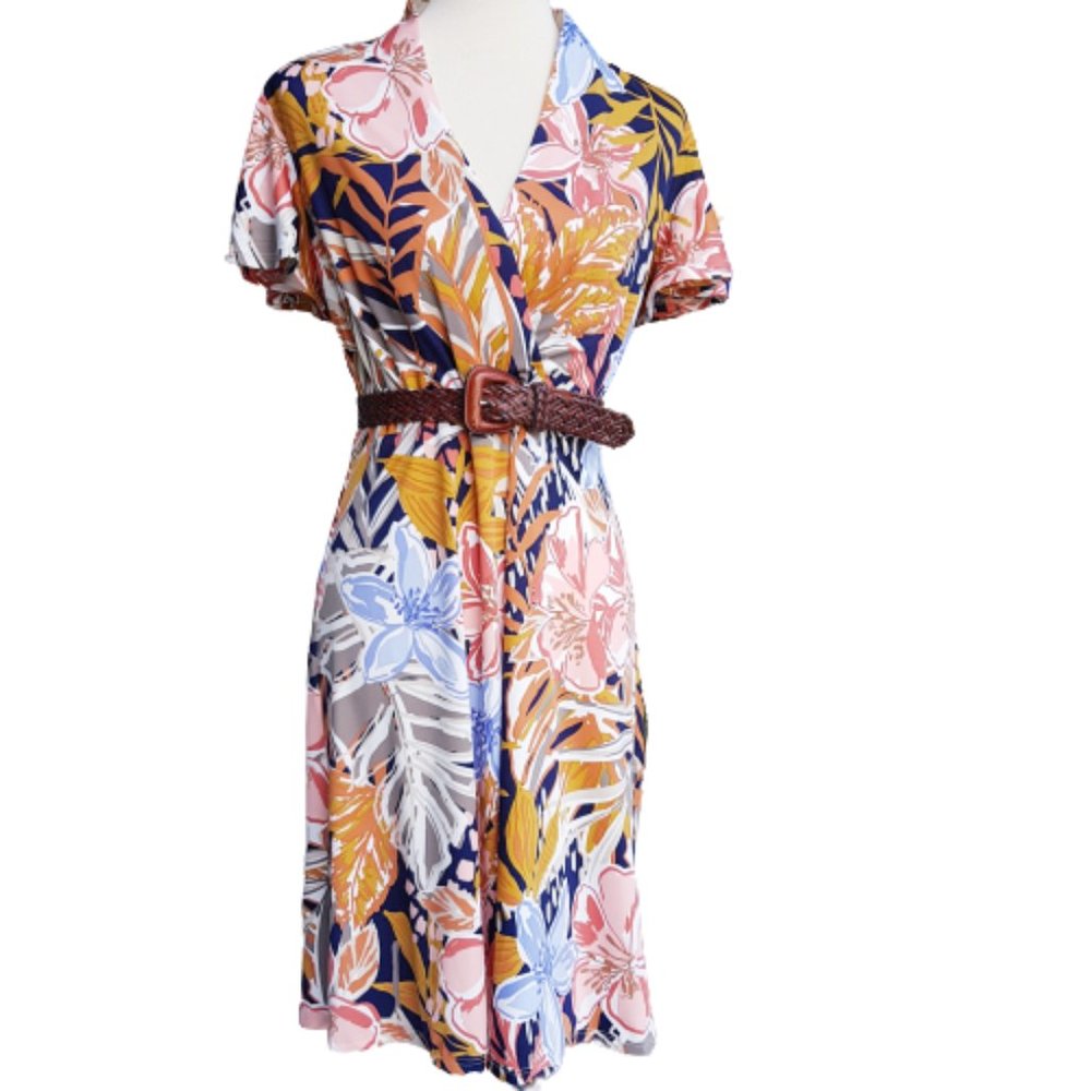 Womens M Nicole Miller Safari Coastal Grandmother Short Sleeve Dress